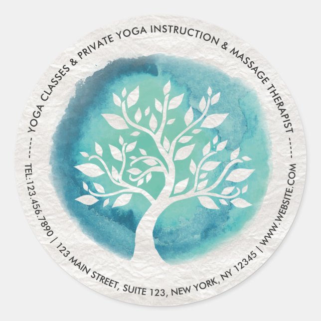 Yoga Meditation Instruktor Eleganter Aquarellbaum Runder Aufkleber (Vorderseite)