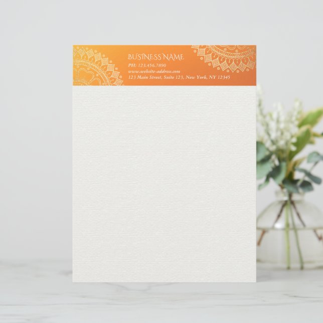 Yoga Meditation Lehrer Moderne Orange Gold Mandala Briefbogen (Stehend Vorderseite)