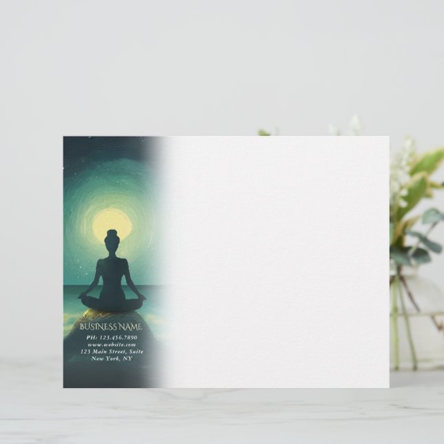Yoga Meditation Pose auf Rock Full Moon Stars Nigh Briefbogen (Stehend Vorderseite)