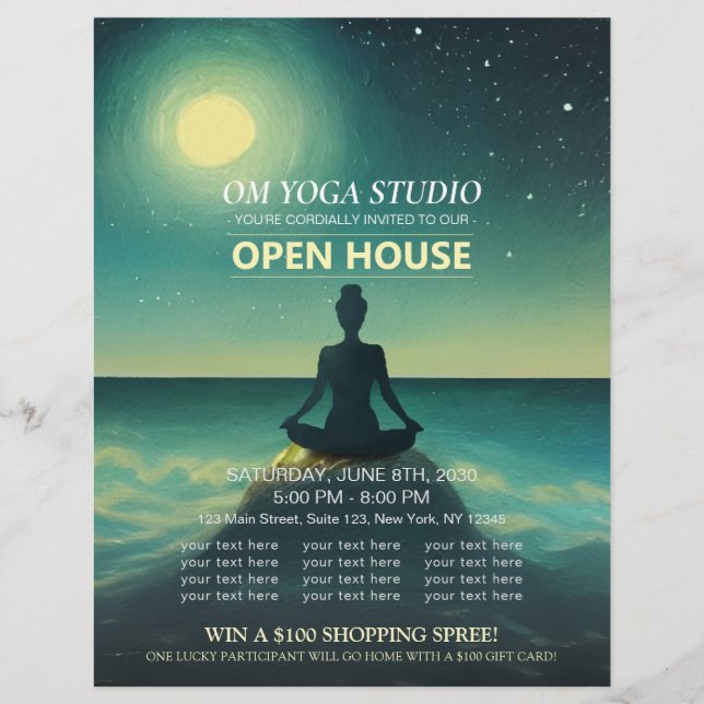Yoga Meditation Pose auf Rock Moon Ocean Open Hous Flyer (Vorne)