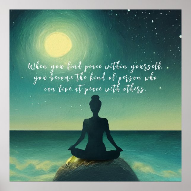 Yoga Meditation Pose on Rock Moon Star Ocean Quote Poster (Vorne)