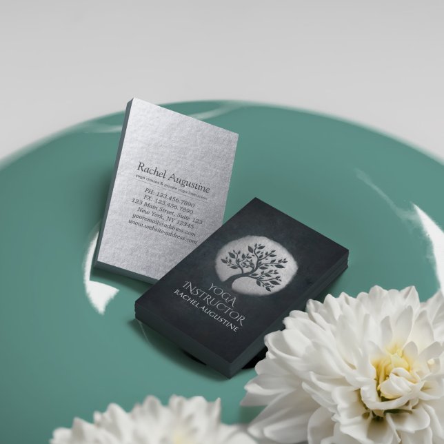 Yoga Meditation Reiki Instructor Black Silver Tree Visitenkarte (Von Creator hochgeladen)