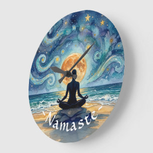 Yoga-Meditation Sternenhimmel Mond Ozean Strand Große Wanduhr