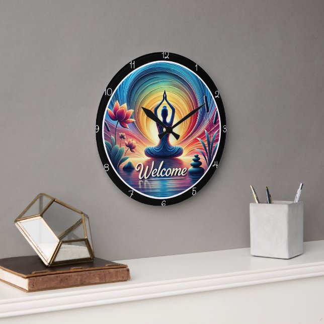 Yoga Meditation Willkommenszeit Große Wanduhr (Büro)