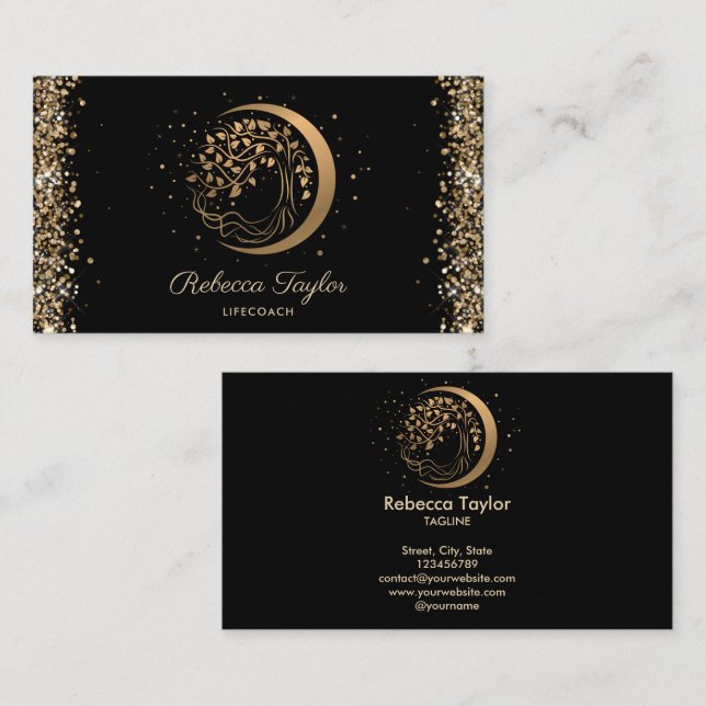 Yoga Moon trendy Life Coach Baum Leben Gold Busi Visitenkarte (Vorne/Hinten)