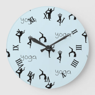 yoga poses on blue große wanduhr