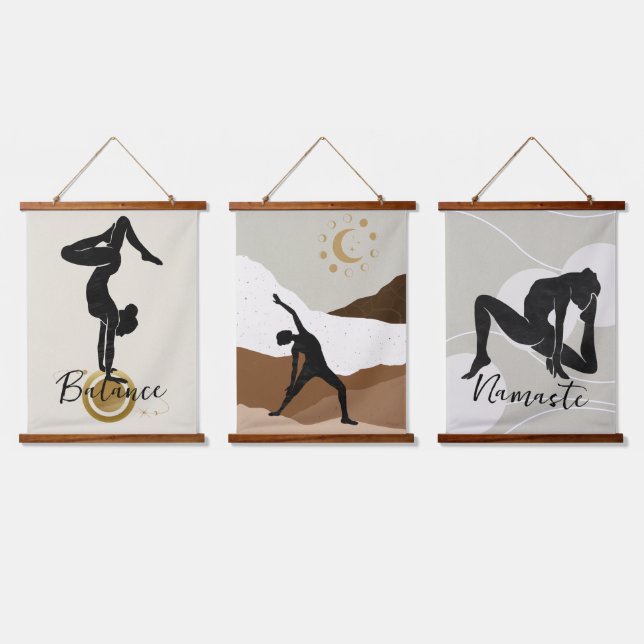 Yoga Silhouette Meditation Balance Namaste Zen Wandteppich Mit Holzrahmen (Dreifach)