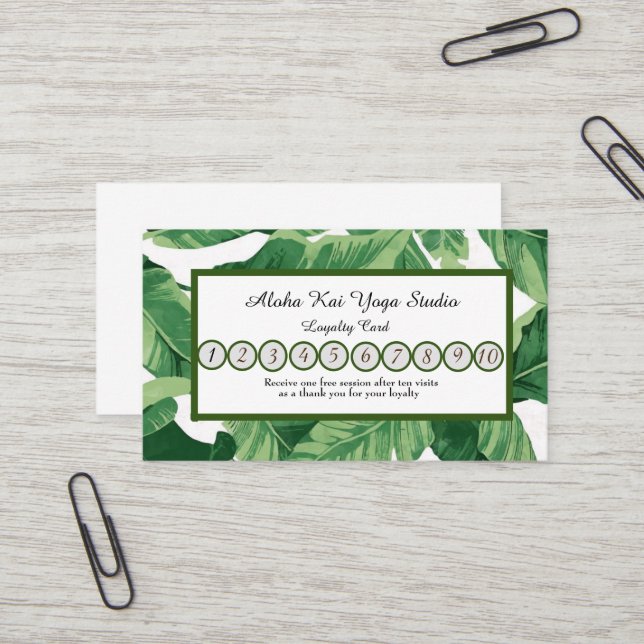 Yoga Studio Loyalty Card Tropische Palmen Visitenkarte (Vorderseite/Rückseite Beispiel)