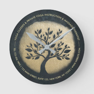 Yoga Studio Meditation Instructor Black Gold Tree Runde Wanduhr