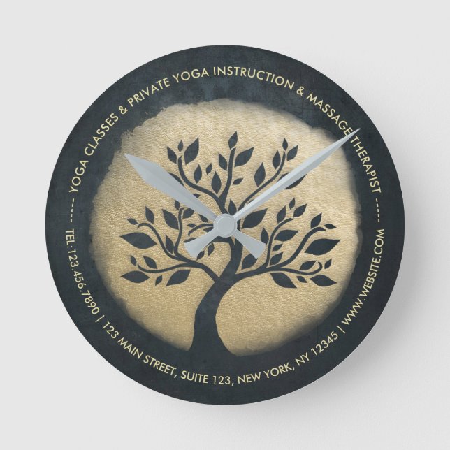 Yoga Studio Meditation Instructor Black Gold Tree Runde Wanduhr (Vorderseite)