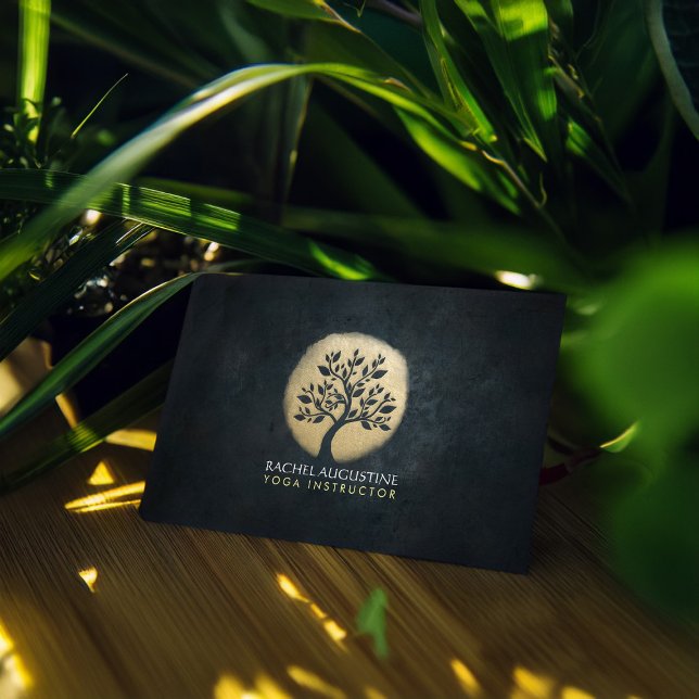 Yoga Studio Meditation Instructor Black Gold Tree Visitenkarte (Von Creator hochgeladen)