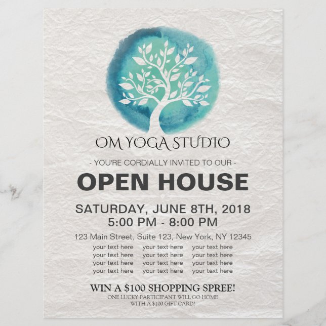 YOGA Studio Open House Meditation Aquarellbaum Flyer (Vorne)