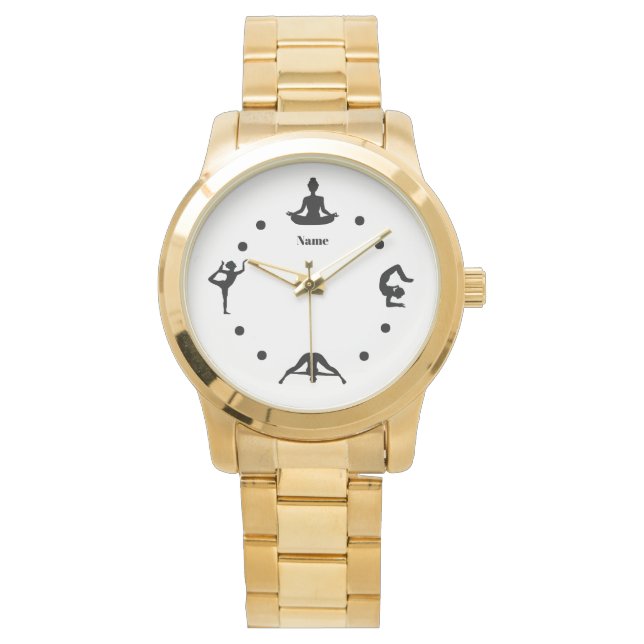Yoga-Uhr mit Silhouette-Positionen Name hinzufügen Armbanduhr (Vorderseite)