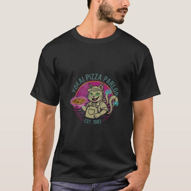 Yokai Pizza Parlor 80s Retro Pop Design - Nekomata T-Shirt (Vorderseite)