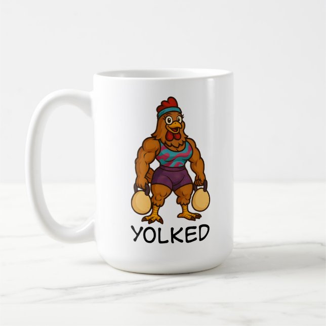 Yolked Hen – Lustige Starke Hühner-Kettlebell-Turn Kaffeetasse (Links)