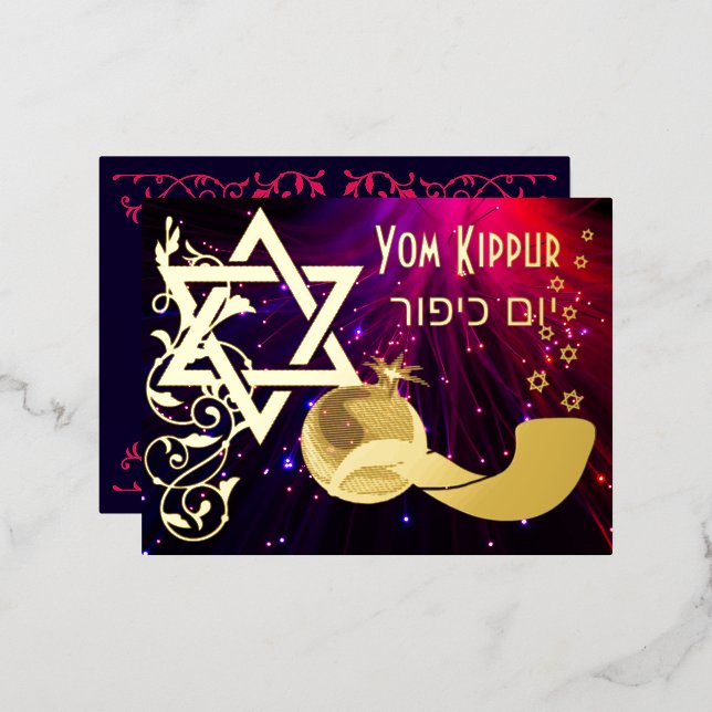 Yom Kippur Star Shofar Lights Real Gold Foil Card Folie Einladungspostkarte (Vorderseite/Rückseite)