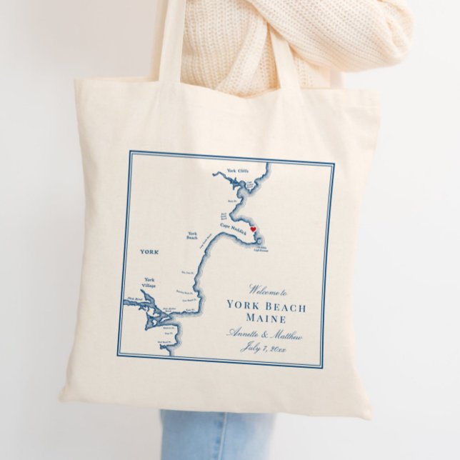 York Beach Maine Karte Elegant Wedding Welcome Tragetasche (These York Beach, Maine map Wedding Tote Bags are perfect for your coastal destination wedding.)