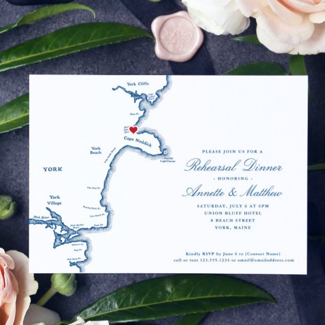 York Maine Map Elegant Navy Probe Dinner Einladung (These York Beach, Maine Rehearsal Dinner invitations feature an elegant navy blue map of Maine)