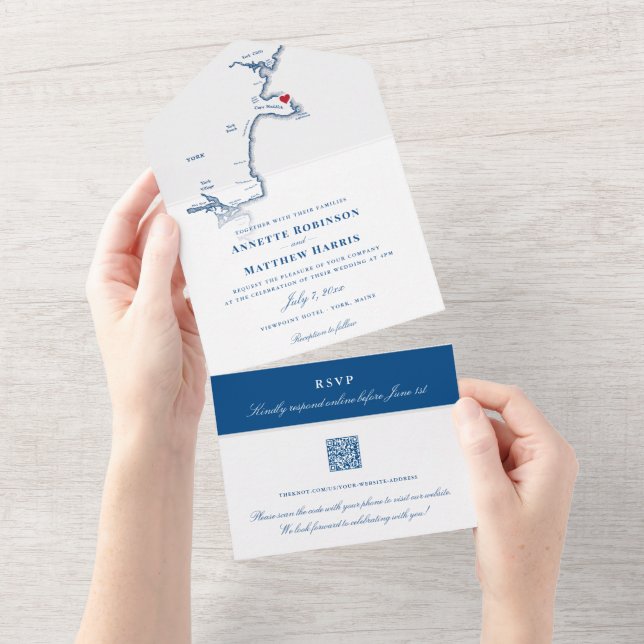 York Maine Map Elegant QR Code Navy Wedding All In One Einladung (Abreißen)