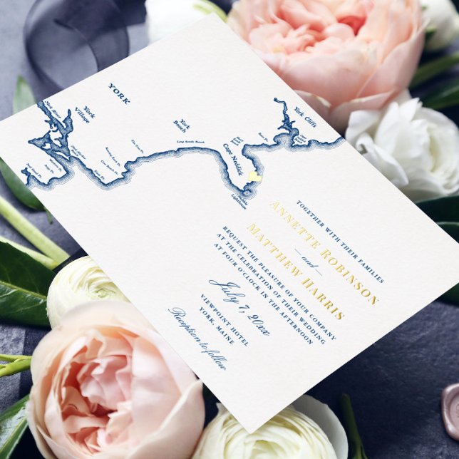 York Maine Wedding Navy und Gold Folieneinladung (This Navy Blue and Gold foil York, Maine wedding invitation is perfect for your nautical wedding)
