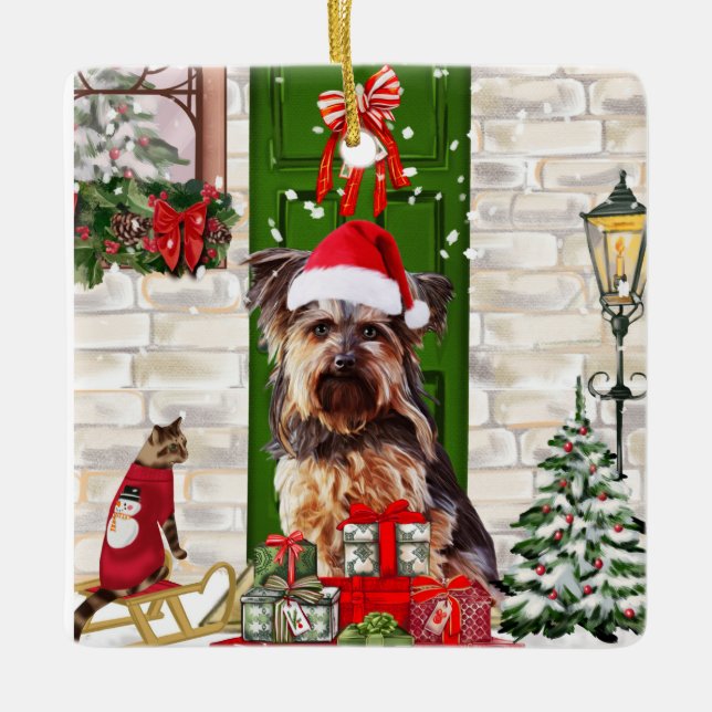 Yorkie Dog Christmas Keramikornament (Vorderseite)