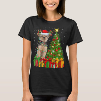 Yorkie Dog Lighting Xmas Tree Weihnachtsmannmütze  T-Shirt
