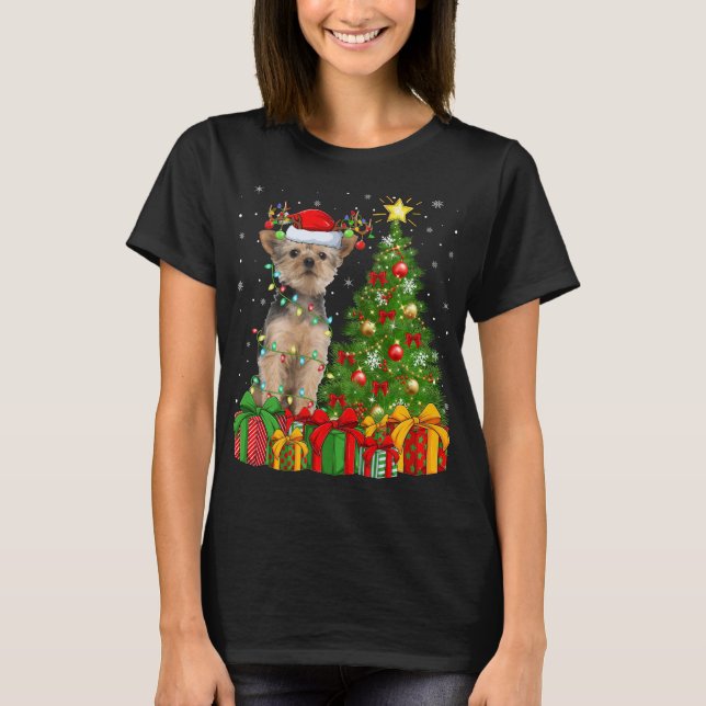 Yorkie Dog Lighting Xmas Tree Weihnachtsmannmütze  T-Shirt (Vorderseite)