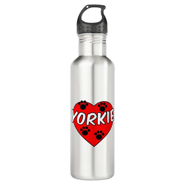Yorkie Dog Paw Prints und Rotes Herz Edelstahlflasche (Vorderseite)