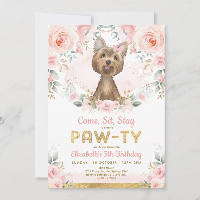 Yorkie Girls Birthday Party | Yorkshire Terrier Einladung (Vorderseite)