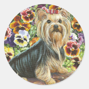 Yorkie in den Pansy Garden Stickers Tags