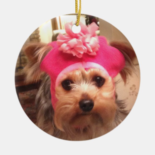 Yorkie in einem Hut Keramikornament (Vorne)
