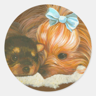 Yorkie Mama mit Welpe Runder Aufkleber