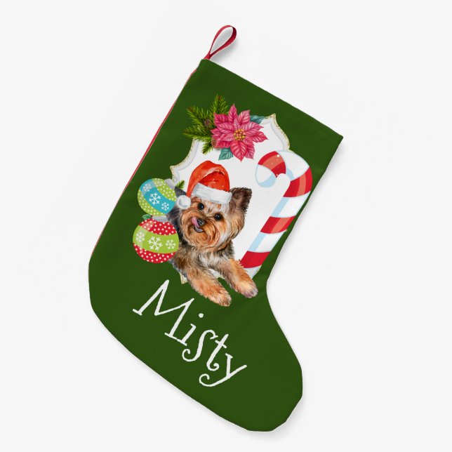 Yorkie mit einer Zuckerrohrdekoration Kleiner Weihnachtsstrumpf (Vorderansicht (hängend))