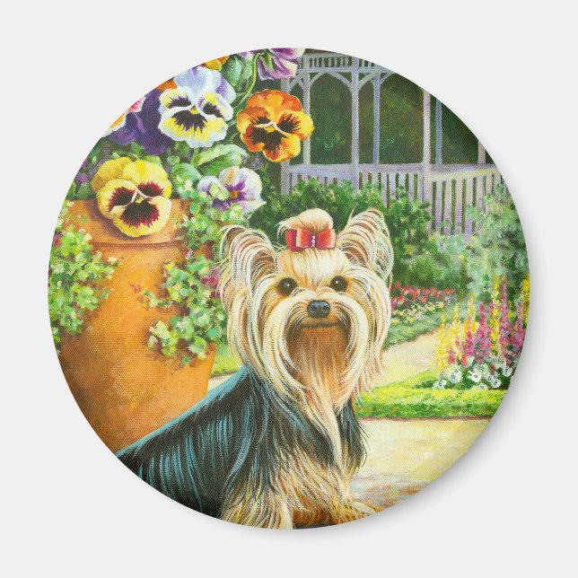 Yorkie mit Gazebo und Stiefmütterchen Magnet (Vorne)