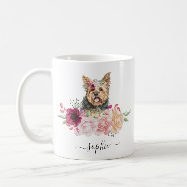 Yorkie Personalisiert Name Floral Coffee Tasse (Links)
