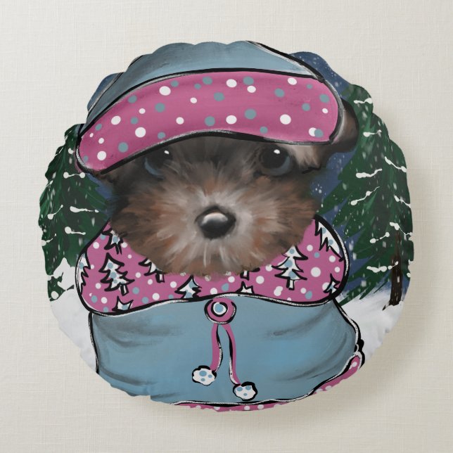 Yorkie Poo Rundes Kissen (Vorderseite)