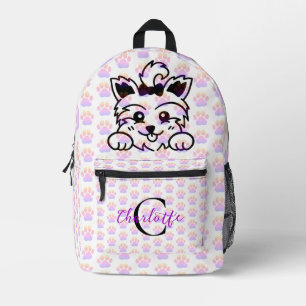 Yorkie Puppy Dog farbenfrohe Paw Prints Monogramm Bedruckter Rucksack