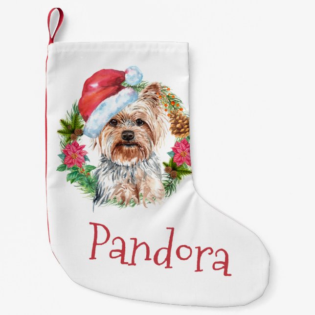 Yorkie Santa Aquarell, der DU-Name Kleiner Weihnachtsstrumpf (Vorderseite)