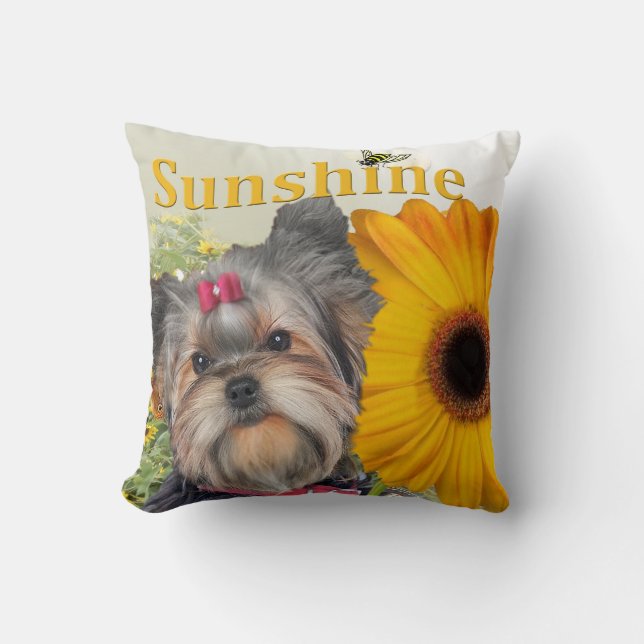 Yorkie Sonnenblumen und Hummel-Bienen durch Kissen (Vorderseite)