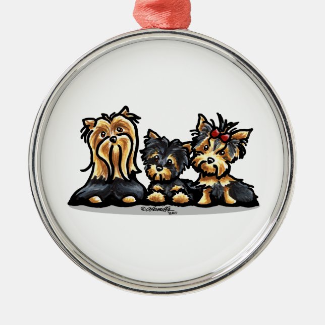 Yorkie Trio Silbernes Ornament (Vorne)