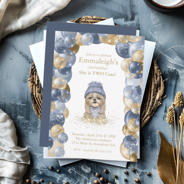 Yorkie Two Niedlich Navy Blue Gold Ballon Geburtst Einladung (Von Creator hochgeladen)