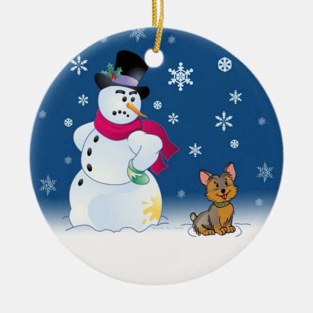 Yorkie Welpe und Schneemann Keramikornament (Vorne)