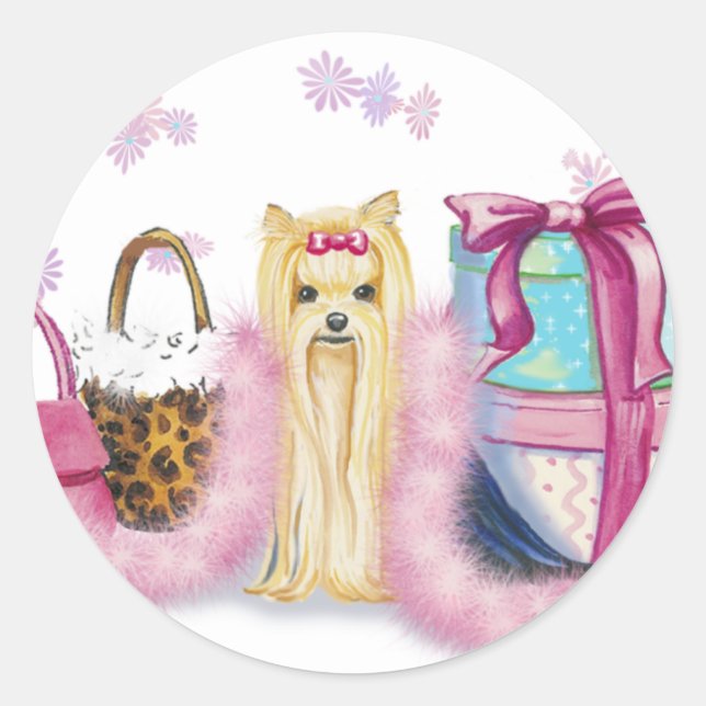 Yorkie Yorkshire Terrier mit Feather Boa Runder Aufkleber (Vorderseite)