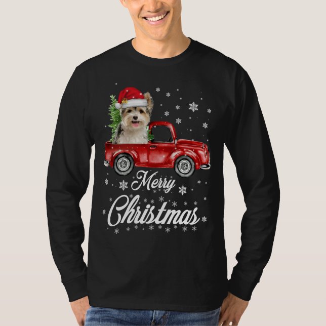 Yorkies Ride Red Truck Weihnachten Pajama T-Shirt (Vorderseite)