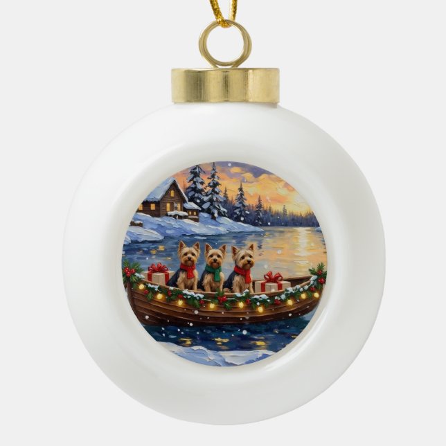 Yorkipoo Christmas Boat Holiday Keramik Kugel-Ornament (Vorderseite)