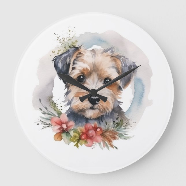 Yorkipoo Christmas Wreath Festive Pup Große Wanduhr (Vorderseite)