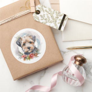 Yorkipoo Christmas Wreath Festive Pup Runder Aufkleber