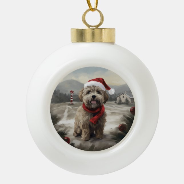 Yorkipoo Dog zu Weihnachten im Schnee Keramik Kugel-Ornament (Vorderseite)