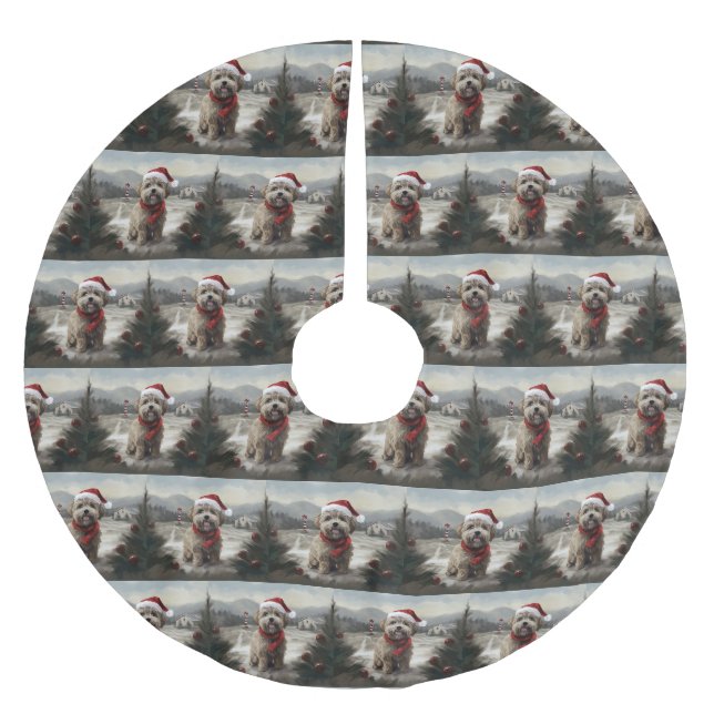 Yorkipoo Dog zu Weihnachten im Schnee Polyester Weihnachtsbaumdecke (Vorderseite)