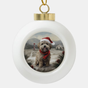 Yorkipoo Hund im Schnee Weihnachten Keramik Kugel-Ornament